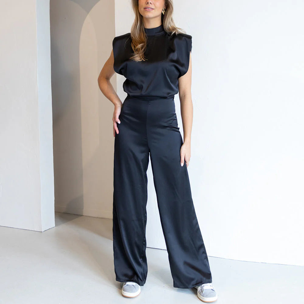 Catharina Women's Jumpsuit – Luxe Satin Finish, Sleeveless, Wide Leg, Open Back