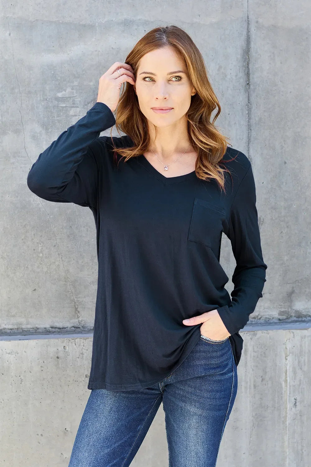 Essential V-Neck Long Sleeve Top in Full Size