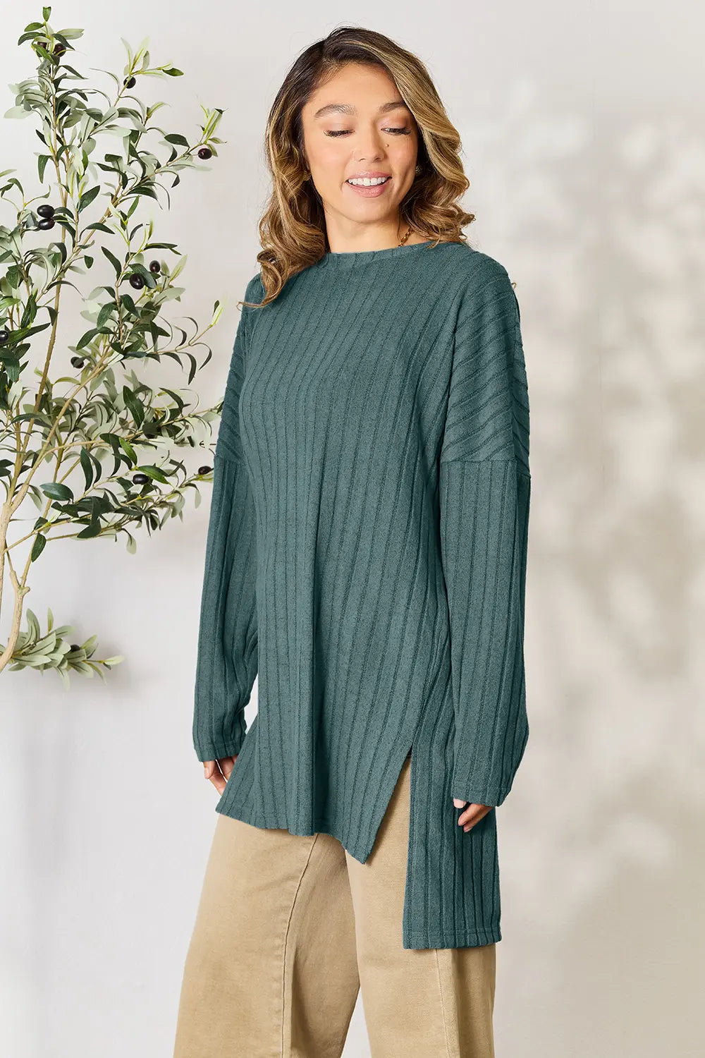 Basic Bae Full Size Ribbed round Neck Long Sleeve Slit Top