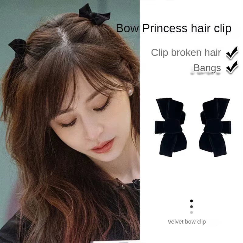 Set of 2 Black and Red Velvet Bowknot Hair Claw Clips - Korean-Inspired Hair Accessories for Styling and Bangs