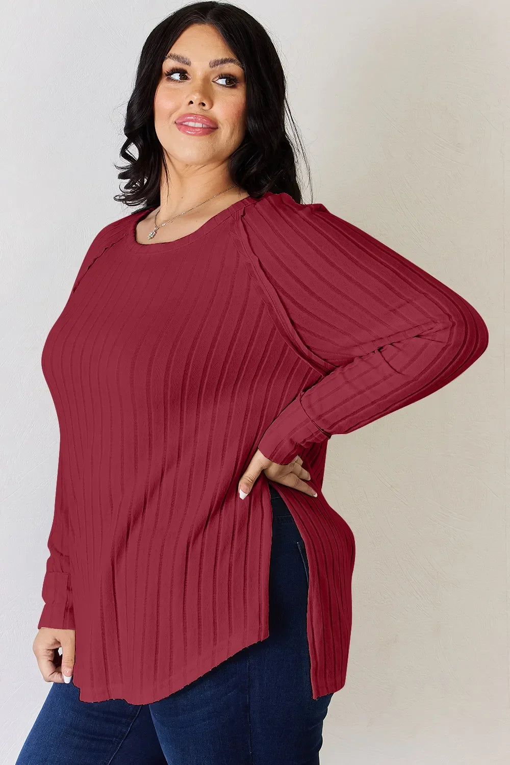 Basic Bae Full Size Ribbed round Neck Slit T-Shirt
