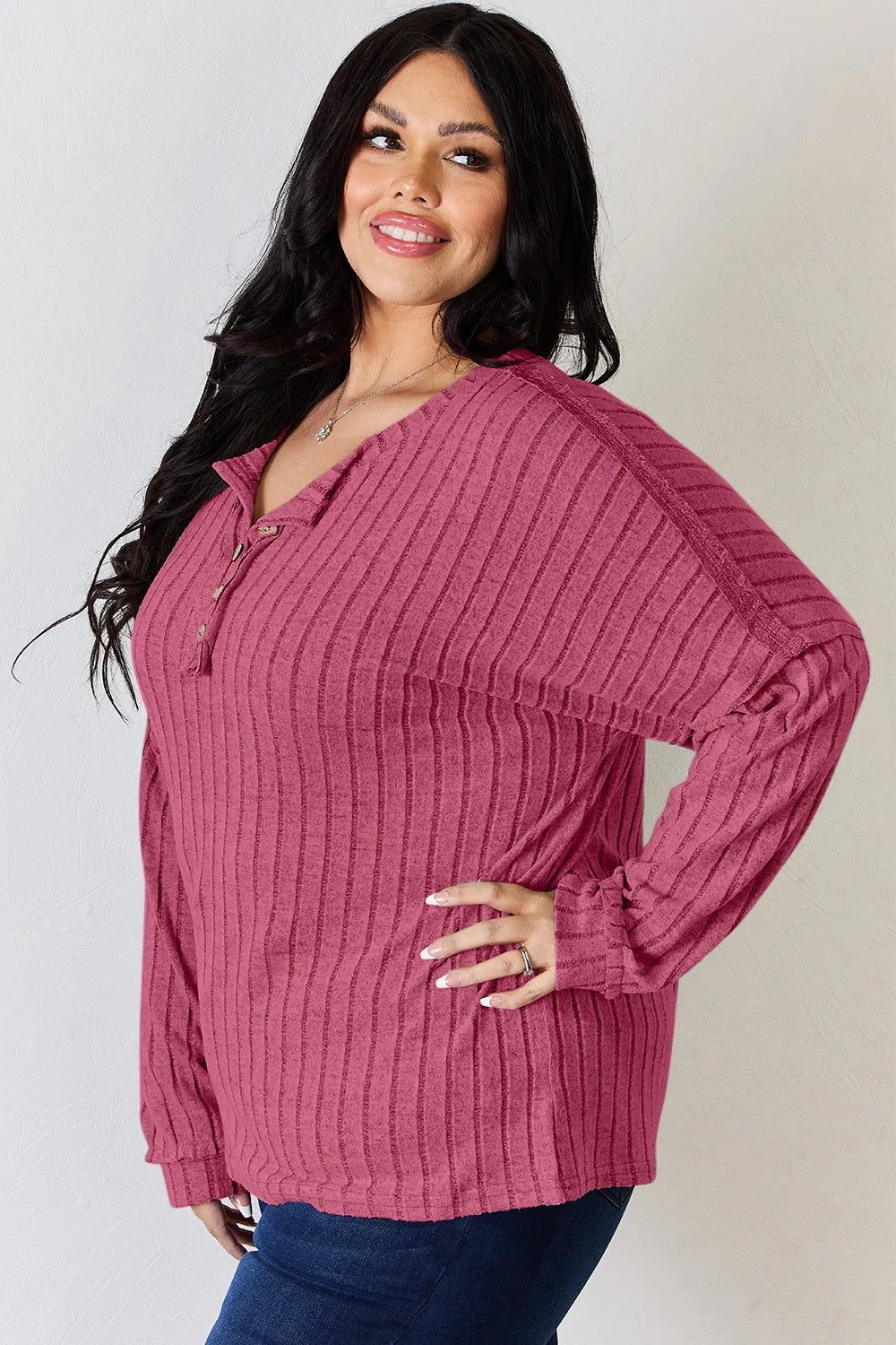 Ribbed Long Sleeve T-Shirt with Half Button Detail