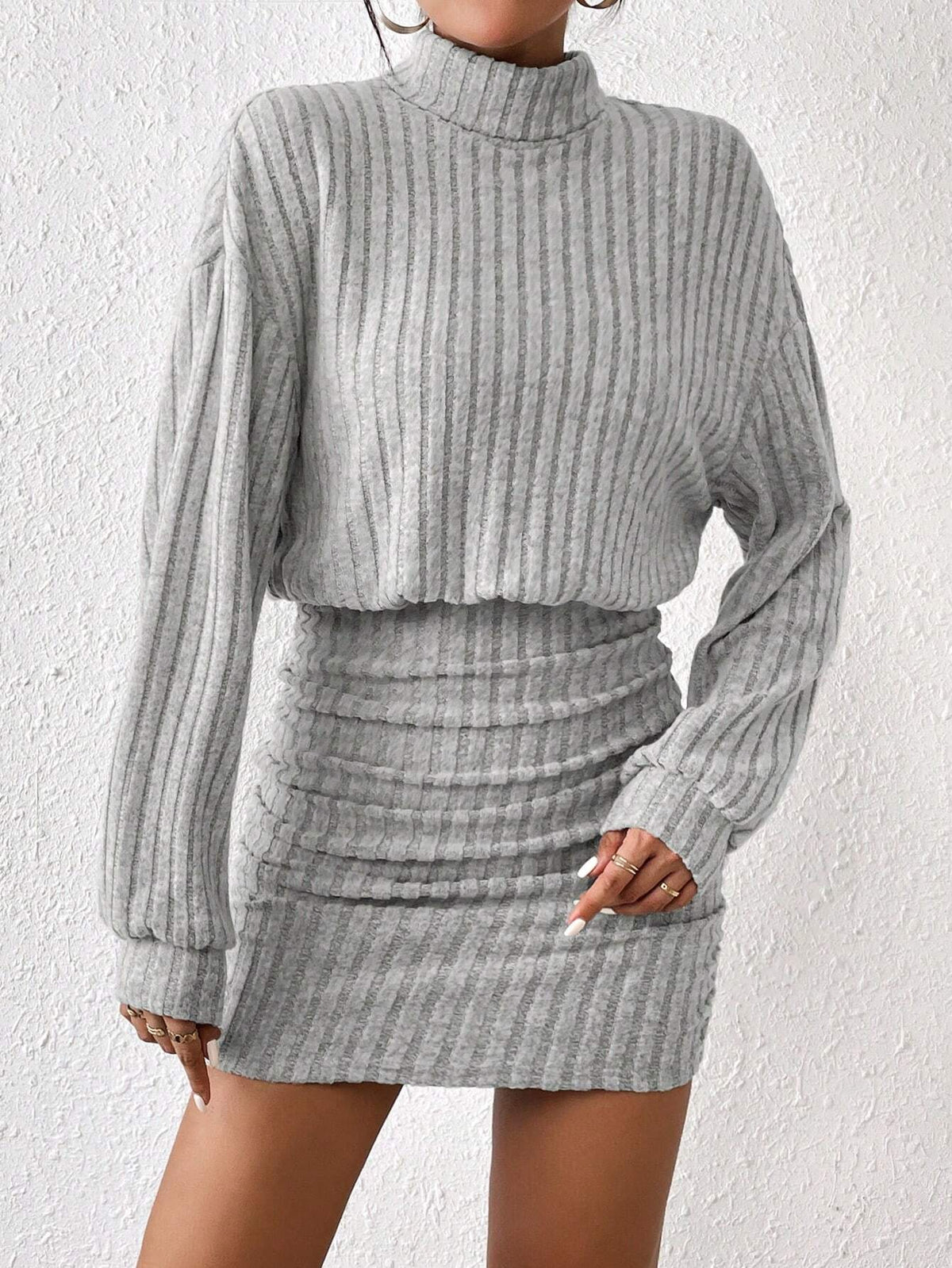 SHEIN French-Inspired Turtleneck Drop Shoulder Ruched Bodycon Dress in Textured Fabric for Winter Casual Wear